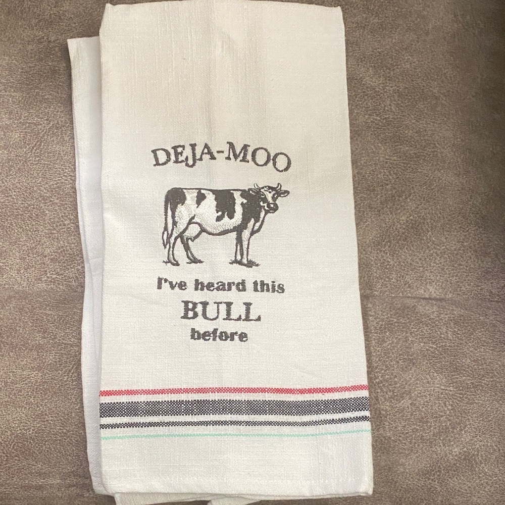 2 NWT Deja-Moo Cow Kitchen Towel - White with Stripes